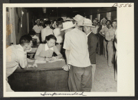 [recto] Residents of Colorado River Relocation Center for persons of Japanese ancestry requesting repatriation to Japan. ;  Photographer: Stewart, Francis ;  Poston, Arizona.