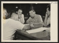[recto] Closing of the Jerome Center, Denson, Arkansas. Meeting of block managers to select personnel for train captains, monitors, etc., prior to movement to other centers. ;  Photographer: Iwasaki, Hikaru ;  Denson, Arkansas.