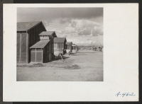 [recto] A view down one of the streets of this relocation center, showing the artistic way in which the evacuees decorate the exterior of their barracks to make them more homelike. ;  Photographer: Stewart, Francis ;  Newell, California.