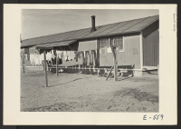 [recto] Every day is wash day in a relocation center. The impromptu lines generally erected in the area to the rear of each pair of barracks buildings find constant use. ;  Photographer: Parker, Tom ;  Amache, Colorado.